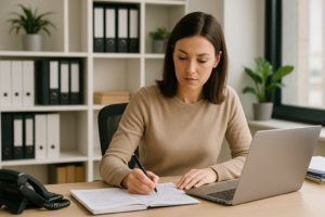Assistante administrative concentrée travaillant dans un bureau moderne et lumineux, écrivant dans un cahier devant son ordinateur portable, symbolisant rigueur et organisation.