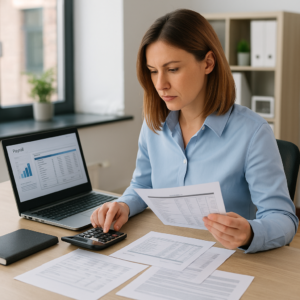 Gestionnaire de paie concentrée dans un bureau moderne, calculant un bulletin de salaire avec une calculatrice et un ordinateur affichant un logiciel de paie.