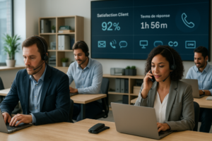 Équipe de support client travaillant dans un centre de relation client moderne, agents équipés de casques téléphoniques, répondant aux clients par téléphone et ordinateur, tableau de bord affichant les indicateurs de satisfaction et de temps de réponse.