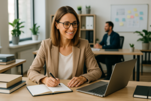 Office manager souriante travaillant dans un bureau moderne et lumineux, écrivant dans un carnet devant son ordinateur portable, symbole de coordination et de gestion administrative.