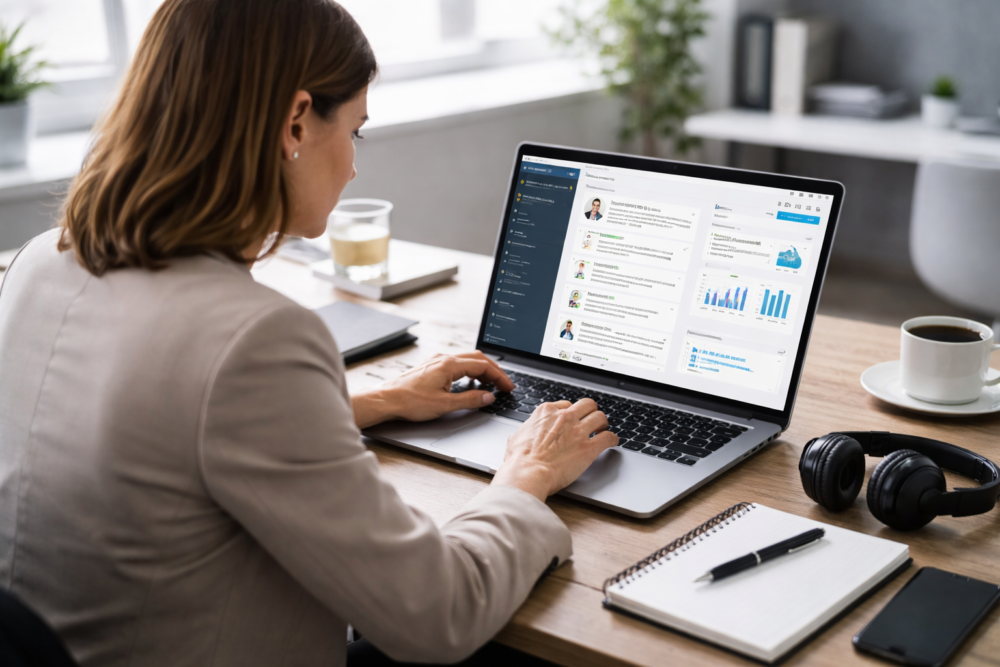 Gestion de la relation client via un logiciel CRM sur ordinateur, avec suivi des échanges clients et données centralisées dans un environnement de travail professionnel.